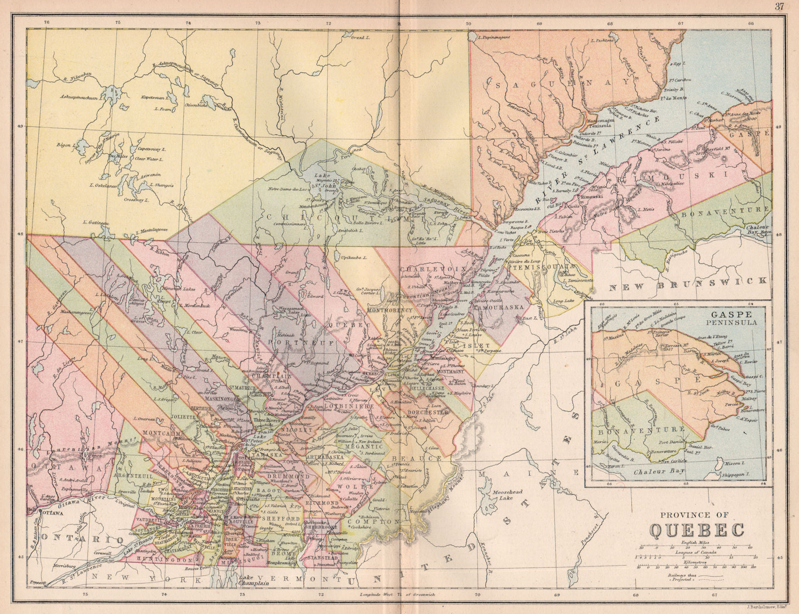 QUEBEC. St Lawrence. Counties. Railways. Canada. BARTHOLOMEW 1878 old map